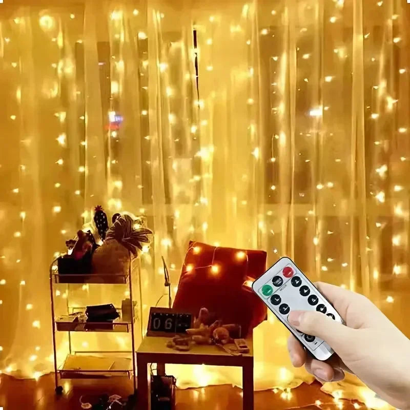 Cascata de Luzes Mágica: Cortina LED USB com Controle e 8 Efeitos de Luz