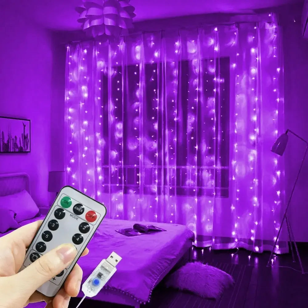 Cascata de Luzes Mágica: Cortina LED USB com Controle e 8 Efeitos de Luz