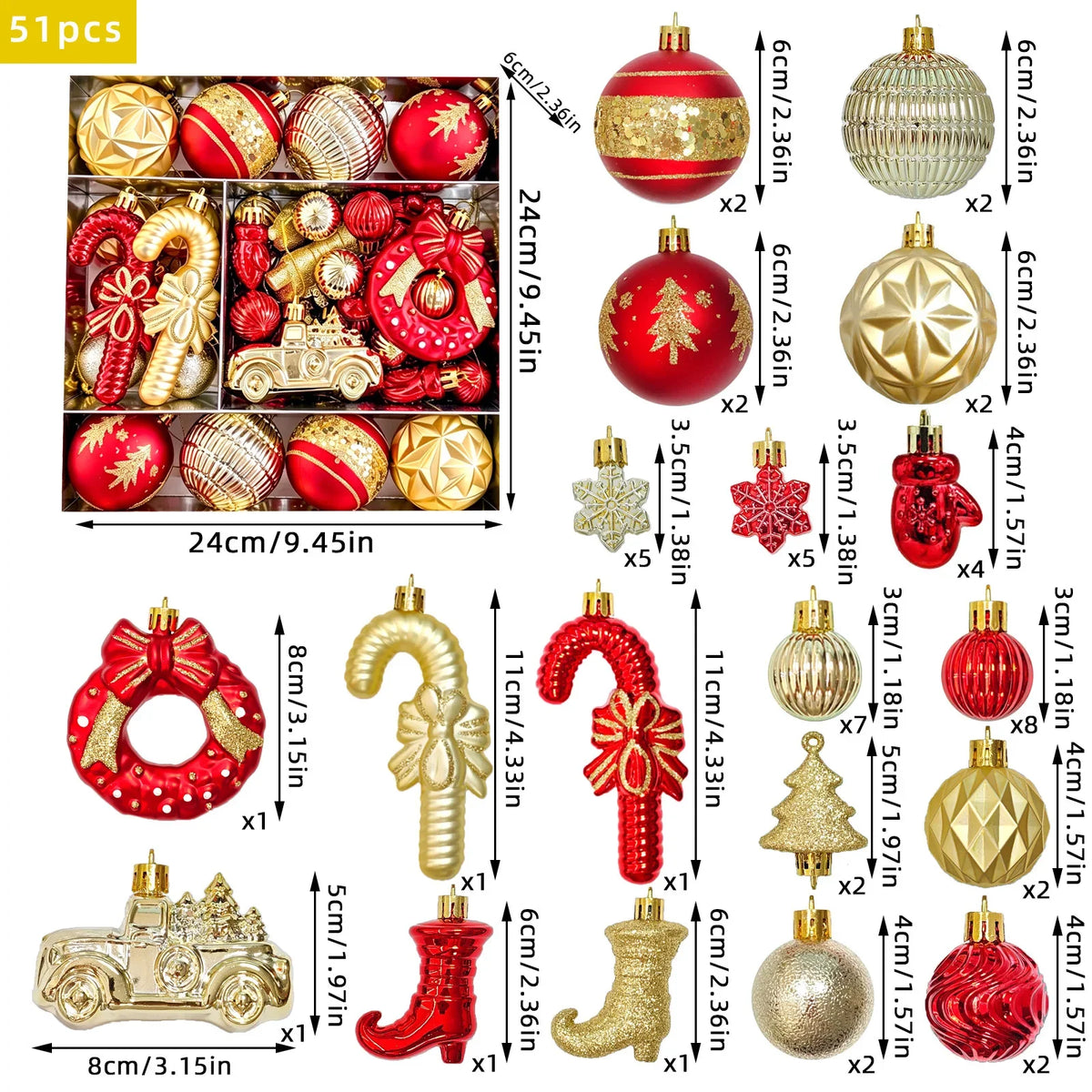 Conjunto Luxo de Enfeites Natalinos - Coleção Completa 51 Peças