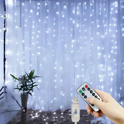 Cascata de Luzes Mágica: Cortina LED USB com Controle e 8 Efeitos de Luz