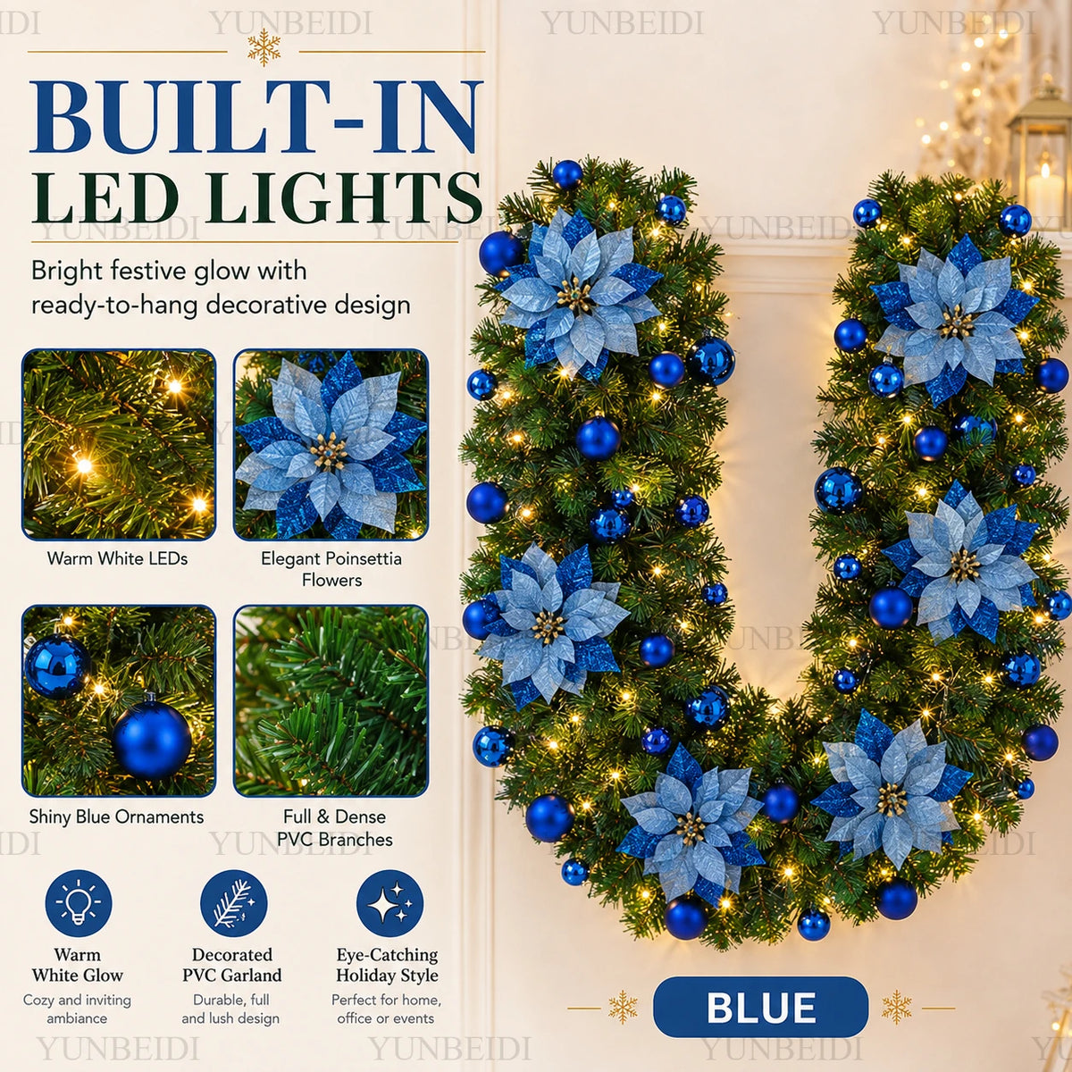 Festão de Natal Decorado com LED 1,5m