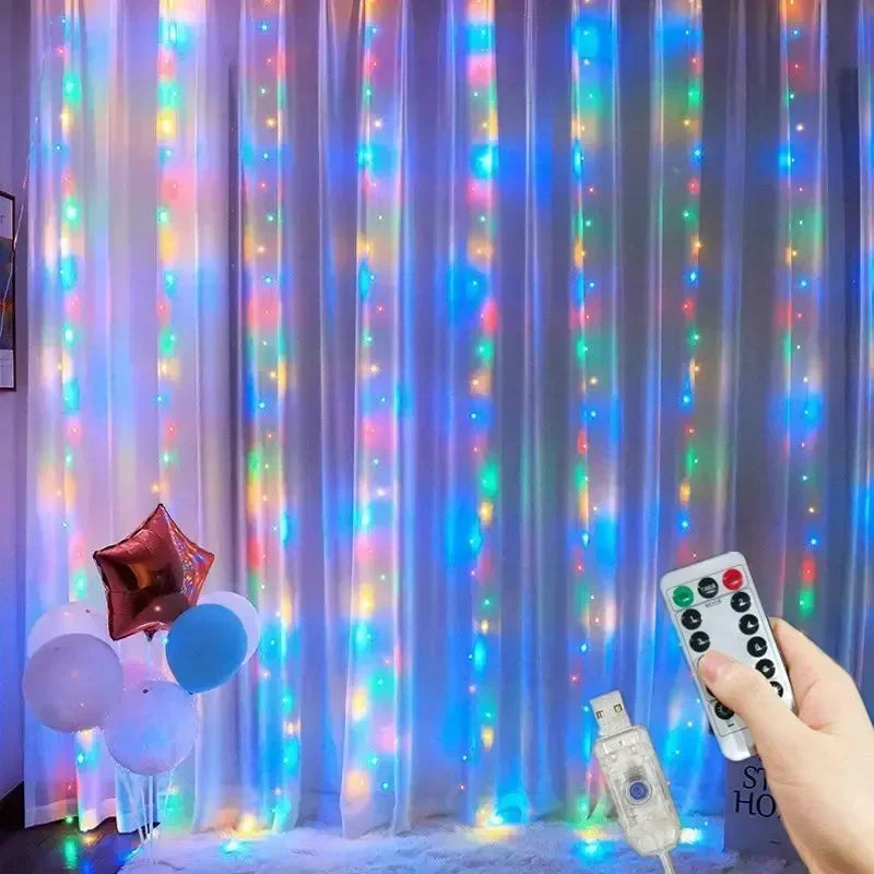 Cascata de Luzes Mágica: Cortina LED USB com Controle e 8 Efeitos de Luz