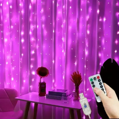 Cascata de Luzes Mágica: Cortina LED USB com Controle e 8 Efeitos de Luz
